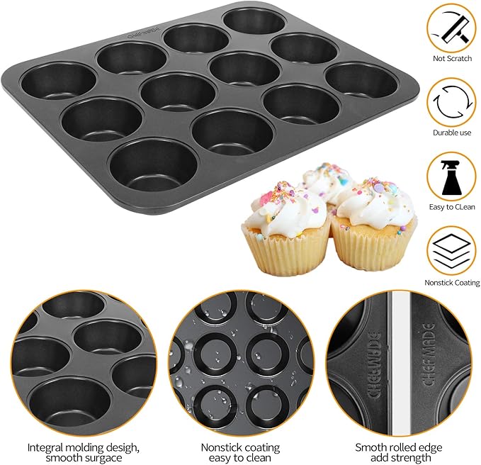 Non-slip Carbon Steel 12-Hole Cupcake Baking Tin | 12 cupcakes | Muffins, Cakes, Chocolate, Bread, Mousse, Jelly, Brownie Cupcakes