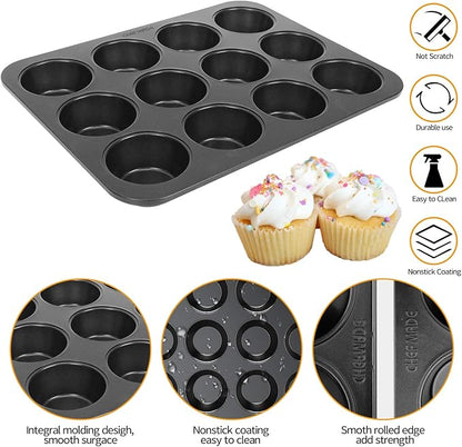 Non-slip Carbon Steel 12-Hole Cupcake Baking Tin | 12 cupcakes | Muffins, Cakes, Chocolate, Bread, Mousse, Jelly, Brownie Cupcakes