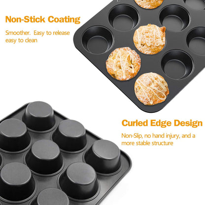 Non-slip Carbon Steel 12-Hole Cupcake Baking Tin | 12 cupcakes | Muffins, Cakes, Chocolate, Bread, Mousse, Jelly, Brownie Cupcakes