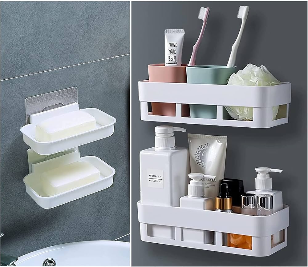 Rectangular Simple Adhesive Plastic Bathroom 2pcs Shelf – Durable Moisture-Resistant Plastic – Available in White, Blue, Orange, Green – Easy No-Drill Installation, Space-Saving Organizer