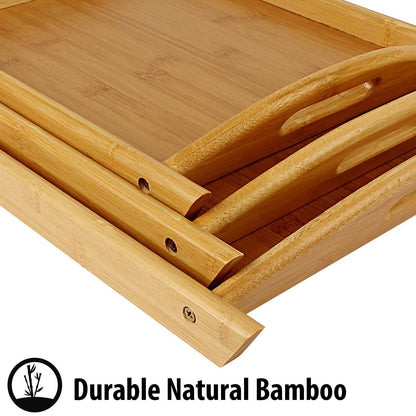 High Quality Multifunctional Bamboo Serving Trays Set | 3 Piece Set for Coffee, Dinner, Lunch, Hotel Use | Long Handle Design