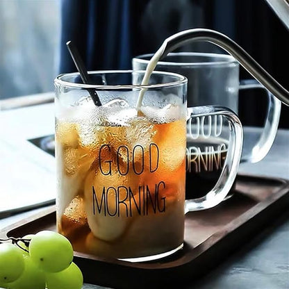 Stylish Good Morning Printed  Borosilicate Clear Glass Mug with Handle - 400ml Capacity | Juice, Tea, Coffee, Cocktails