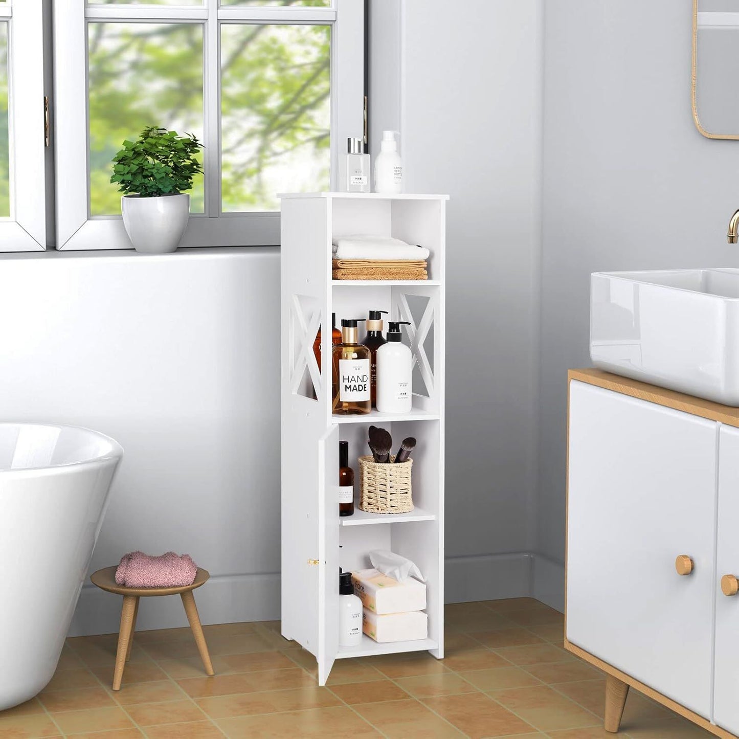 Waterproof PVC Floor Standing Cabinet Storage Organizer | 120 cm x 24 cm x 24 cm | Perfect for Bathroom and Toilet Storage | White and Grey