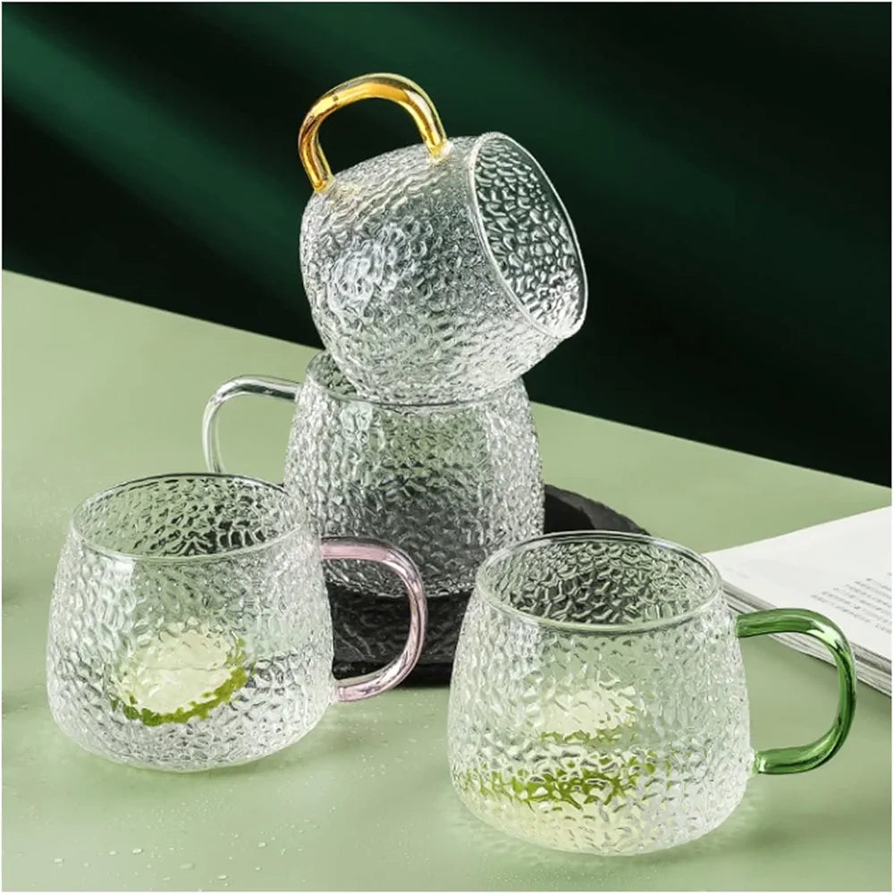 High Quality 350 ml Hammer Patterned Glass Cups with Gold Handles (Set of 6)