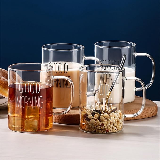 Stylish Good Morning Printed  Borosilicate Clear Glass Mug with Handle - 400ml Capacity | Juice, Tea, Coffee, Cocktails