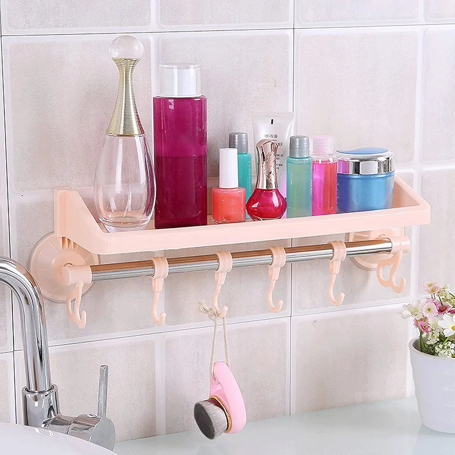 Shelves & Hook Suction Bathroom Hanger | Space Saving Punch Free Multifunctional Wall Mounted Storage Rack for Bathroom, Kitchen, and Living Room