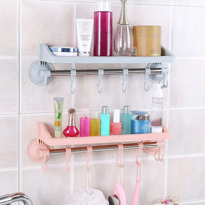 Shelves & Hook Suction Bathroom Hanger | Space Saving Punch Free Multifunctional Wall Mounted Storage Rack for Bathroom, Kitchen, and Living Room