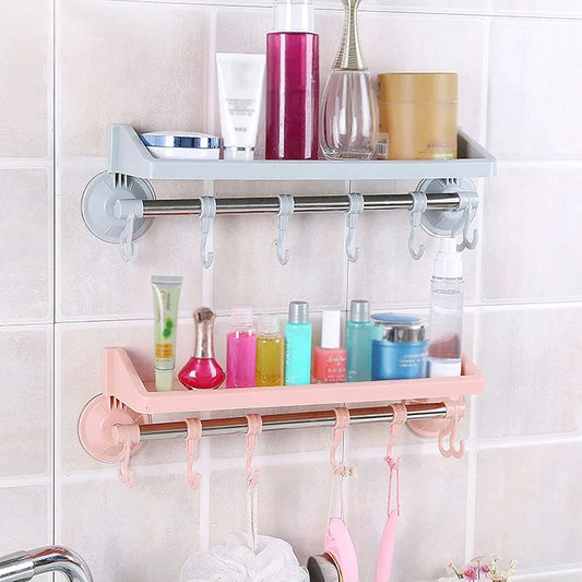 Shelves & Hook Suction Bathroom Hanger | Space Saving Punch Free Multifunctional Wall Mounted Storage Rack for Bathroom, Kitchen, and Living Room