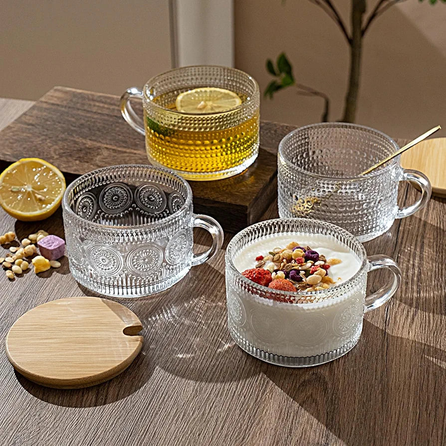 370ml Capacity Vintage Glass Transparent Mug with Bamboo Lid & Golden Spoon| Coffee| Cereal | Fruits