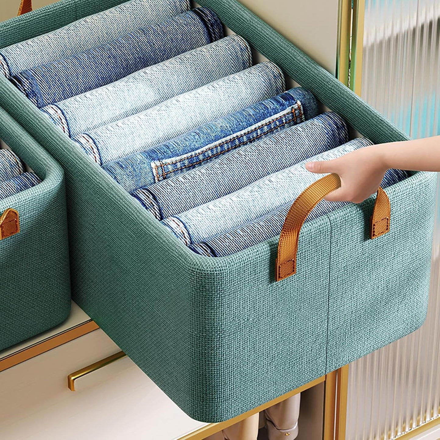 Steel Frame Foldable Durable Non-Woven Fabric Storage Box| Home Office Storage| Bedroom | Living Room Closet Organizer| Wardrobe Clothing Organizer for Jeans Pants Socks Shirts Underwear  Sweaters  47cm x 28cm x 20cm, Green, Grey