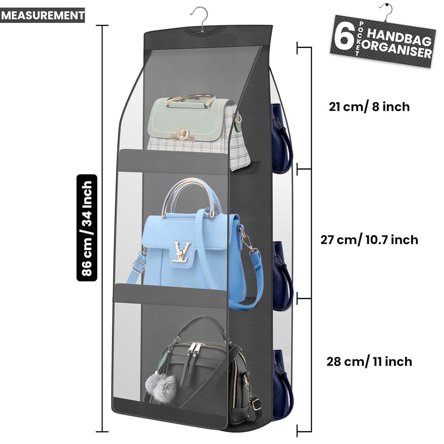 6-Pocket Portable Lightweight Perfect Organizing Solution Hanging Purse Organizer For Handbag Storage Bags Wardrobe Pocketbooks Storage Holder Clutches Shoes Shoulder| Grey Non-Woven 85cm x 36cm