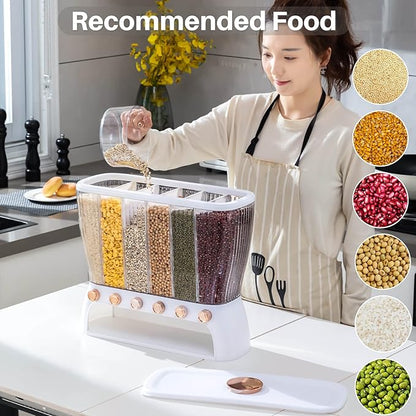 6 Grid Compartments Plastic Transparent Automatic Cereal Dispenser | Kitchen Cereals Storage Container