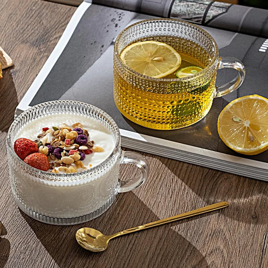 370ml Capacity Vintage Glass Transparent Mug with Bamboo Lid & Golden Spoon| Coffee| Cereal | Fruits