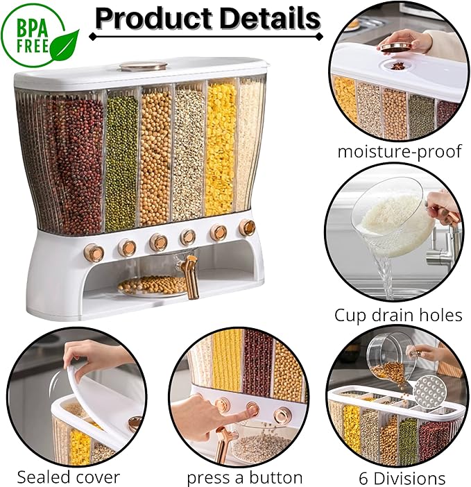 6 Grid Compartments Plastic Transparent Automatic Cereal Dispenser | Kitchen Cereals Storage Container