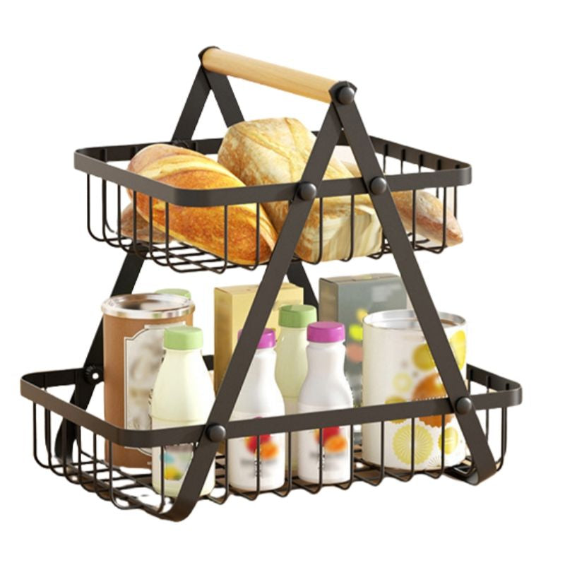 2 Tier Fruit Rack  Black Metal Storage Basket for Kitchen & Countertop Organization