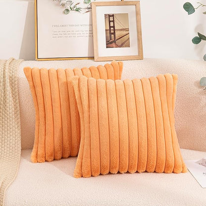 1pc Large Stripe Solid Color Pillow Cover Soft Plush Pillowcase | Luxurious Ribbed Cushion Cover| Home Decor Bedroom Living Room Throw Cushion}Decorative Throw Pillow {45 x 45 cm}| Grey & Orange