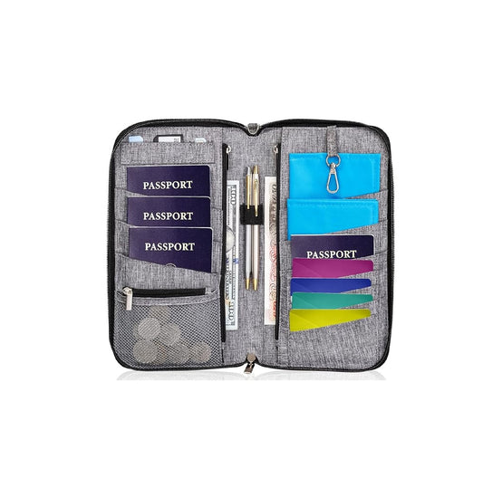 Family Travel Documents Organizer | Multiple Compartments for Passports | Tickets | Travel Documents Storage Organzier | 28cm x 22 cm| Blue Grey