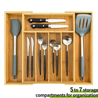 Expandable Bamboo Drawer Cutlery Organizer | Eco Friendly Bamboo Flatware & Silverware Tray | Adjustable Kitchen Utensil Organizer