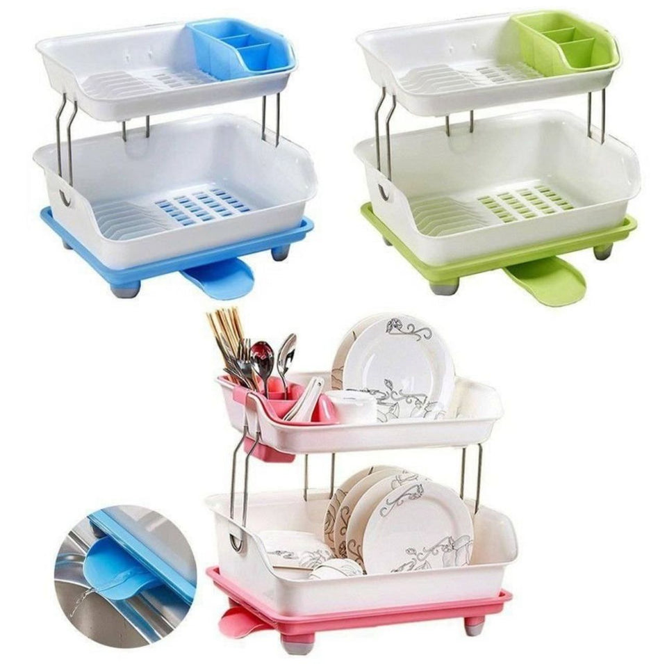 2 Tier Plastic Kitchen  Dish Drainer Rack | Durable Kitchen Organizer (Available in Green, Blue, Pink)