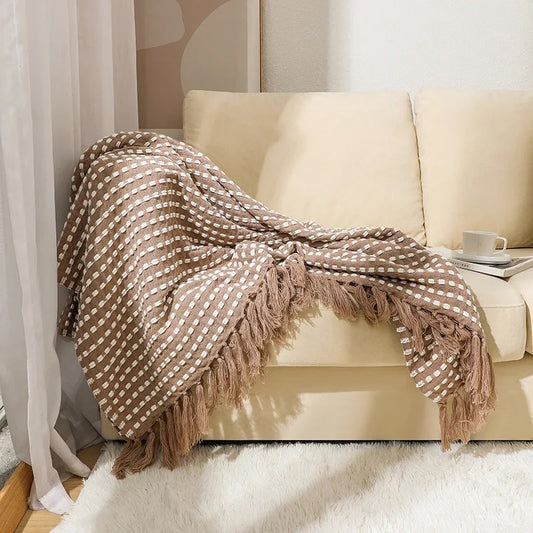 Cozy Knit Throw Blanket | Soft Acrylic in Light Brown & White | Generous 127x220cm Size for Ultimate Comfort