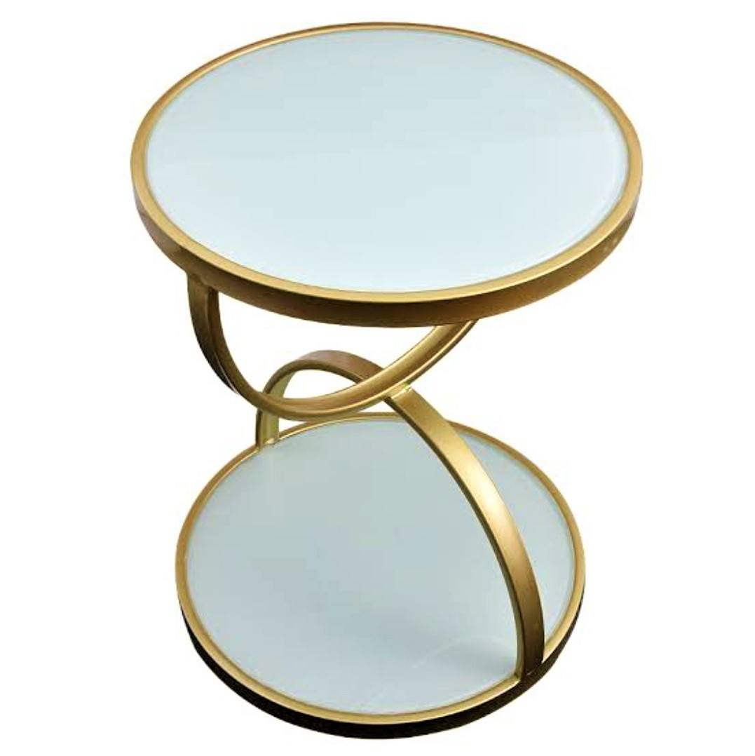 2 Tier Tempered Glass Side Table | Luxury Round Accent Table with Marble Top and Metal Frame | American Modern Style End Table for Living Room and Bedroom