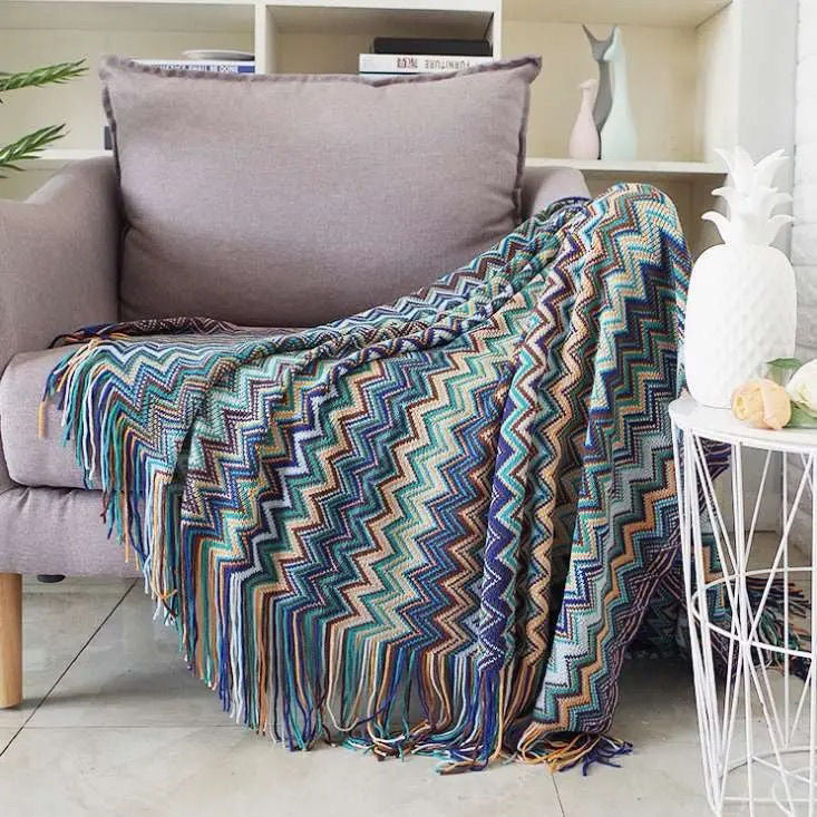 Bohemian Dream Knitted Throw Blanket with Tassels