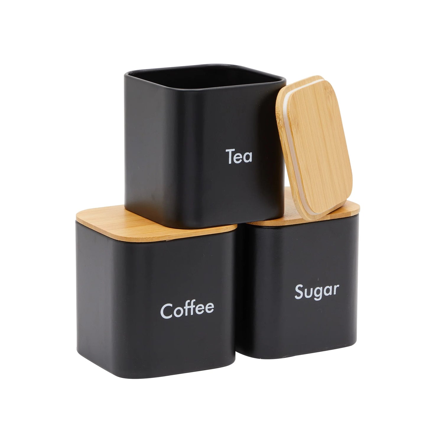 3-piece Coffee Sugar Tea Canister Set with Wooden Lid | Kitchen Storage Organizer