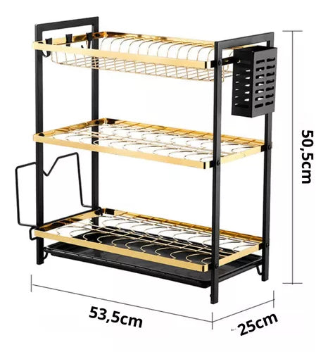 3 Tier Kitchen Dish Rack | Elegant Gold Black Design with Utensil Holder | Kitchen Storage Organizer