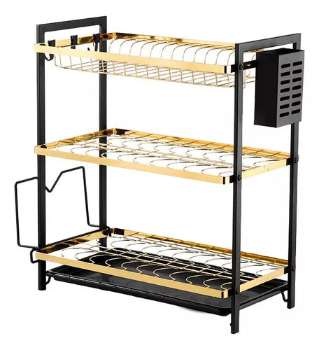 3 Tier Kitchen Dish Rack | Elegant Gold Black Design with Utensil Holder | Kitchen Storage Organizer