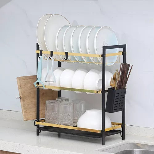 3 Tier Kitchen Dish Rack | Elegant Gold Black Design with Utensil Holder | Kitchen Storage Organizer