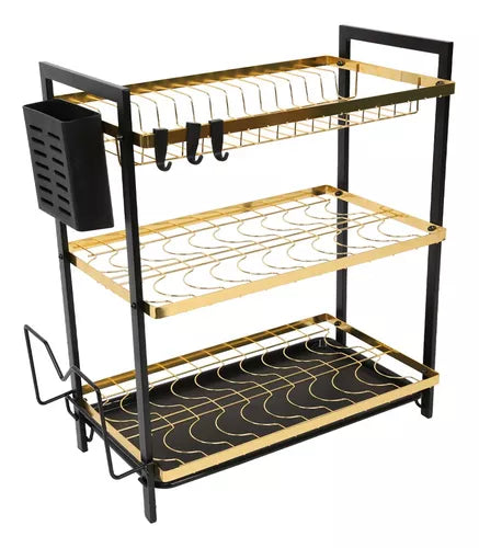 3 Tier Kitchen Dish Rack | Elegant Gold Black Design with Utensil Holder | Kitchen Storage Organizer