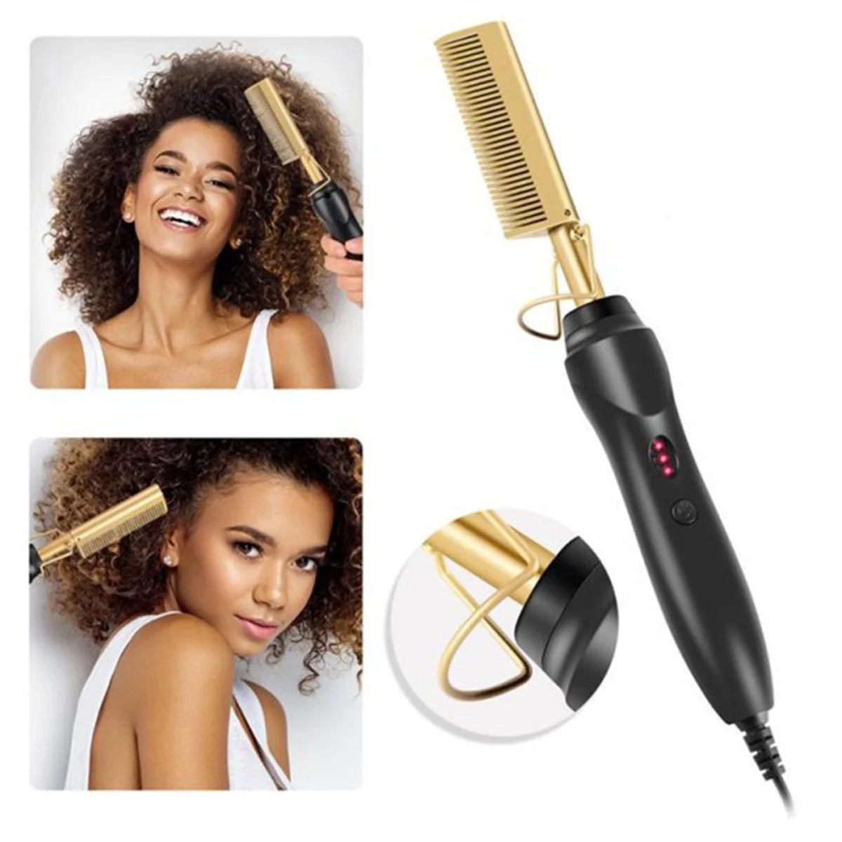 Gold Ceramic Professional Press Comb | Adjustable Heat Hair Straightening Comb for Natural Hair & Wigs