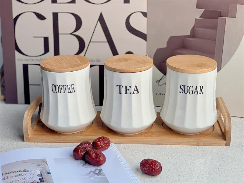 3pc White Ceramic Tea, Coffee, Sugar Canister Set with Bamboo Lids & Tray | 500ml Food Grade Storage Canisters