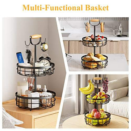 2 Tier Detachable Nordic Fruit Vegetable Rack with Banana Holder | 2 Tier Bowl Vegetable Storage with Dual Banana Tree Hanger Wood Lift Handle Fruit Basket for Kitchen Countertop