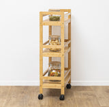 3 Tier Movable Organizer Cart | Multifunctional Bamboo Kitchen Serving Trolley with Wheels | Rolling Storage Cart for Dining and Bathroom