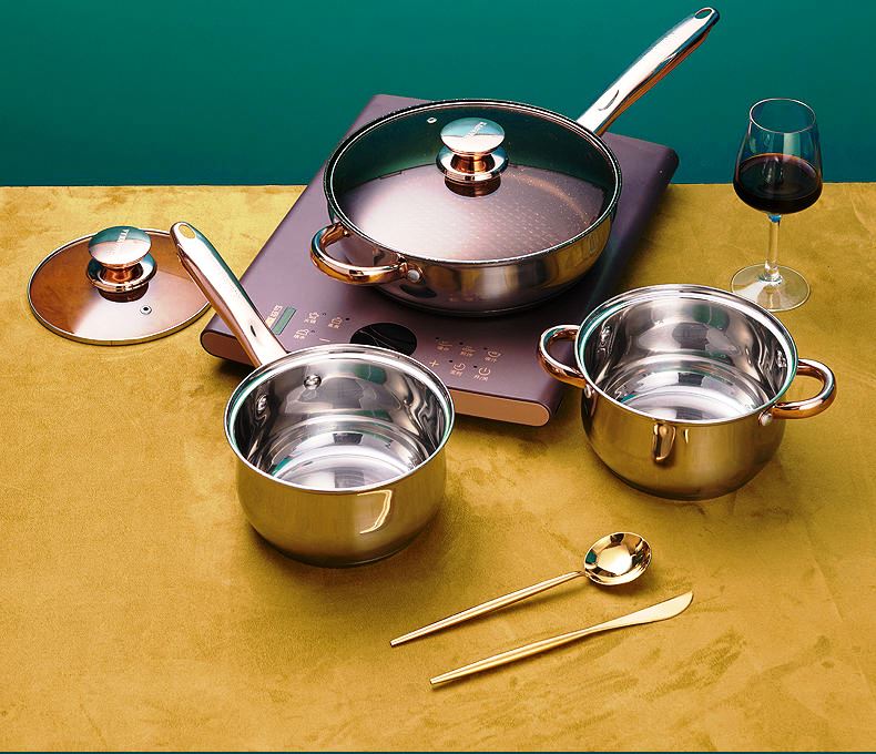 12 Piece Kaisavilla Stainless Steel Cookware Set | Induction Compatible | Thick Bottom & Marble Coating | K-Gold Plate Knob & Handle