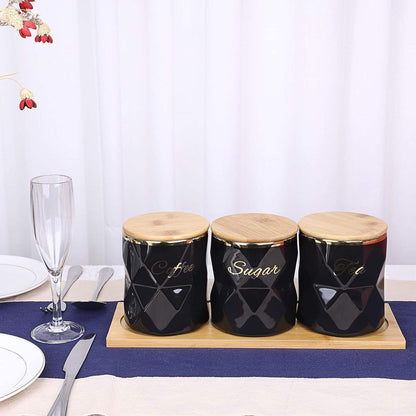 3pc Diamond Shaped Tea, Coffee, Sugar Canister Set | Black Ceramic Canisters with Bamboo Lids