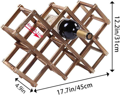 Foldable Wine Rack | Free Standing Solid Wood Tabletop 10 Bottle Storage Rack | Modern Creative Design for Home