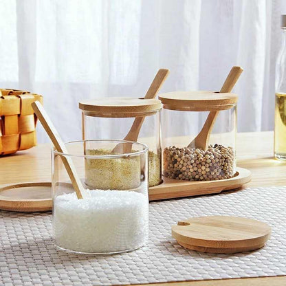 3 Piece Glass Spice Organizer Set with Bamboo Lids | With Rectangular Wooden Tray & Spoons | Kitchen & Home Spice Jar Storage