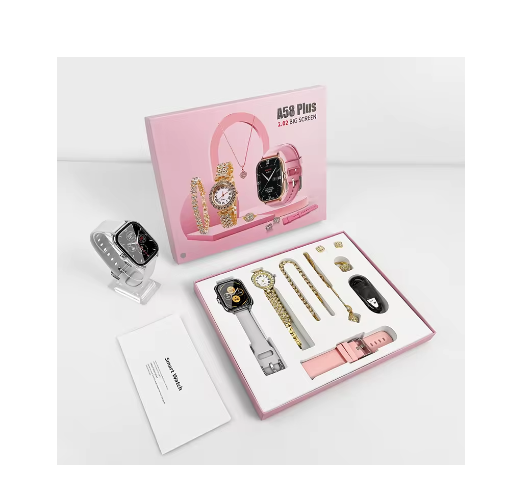 Ladies Gift Set | A58 Plus Smart Watch & Jewelry Combo with Interchangeable Straps | Necklace, Bracelet, Ring, Earrings | Black, PPink, Grey