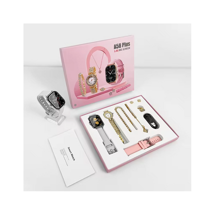 Ladies Gift Set | A58 Plus Smart Watch & Jewelry Combo with Interchangeable Straps | Necklace, Bracelet, Ring, Earrings | Black, PPink, Grey