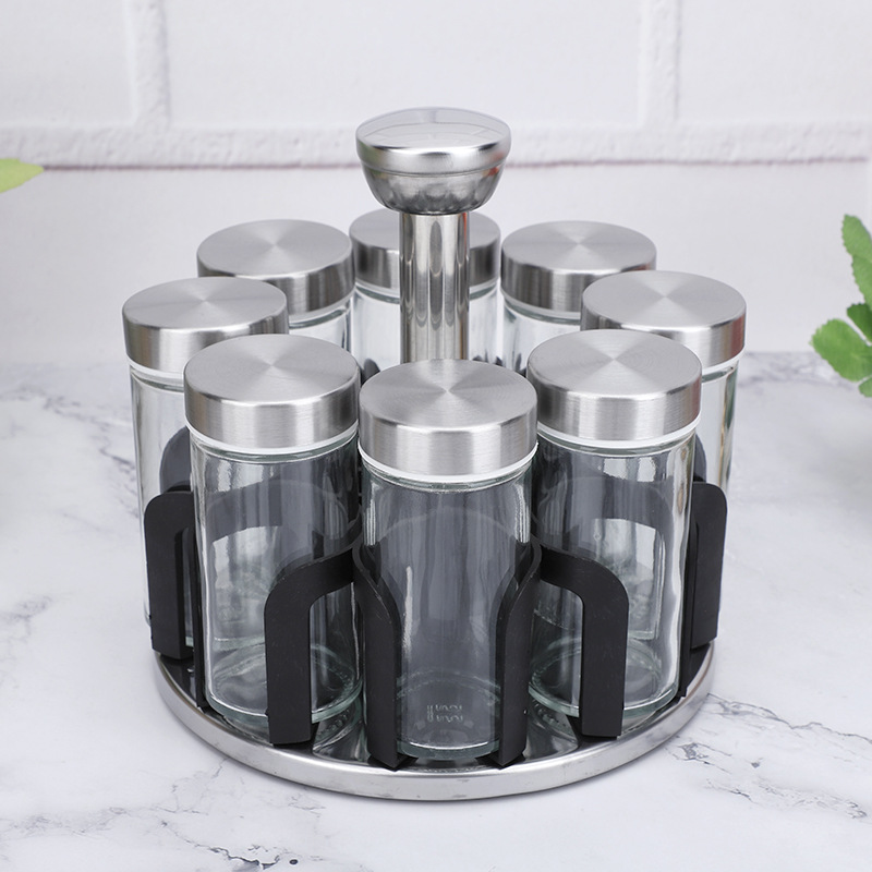 8in1 Rotating Spice Carousel | Glass Containers with Stainless Steel Lids | Stylish Spice Rack Organizer