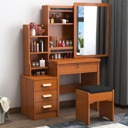 Wooden Dressing Table with Mirror, Stool & 4 Drawers | Makeup Storage Dresser with 3 Open Shelves for Bedroom | Size: 840mm x 400mm x 1410mm