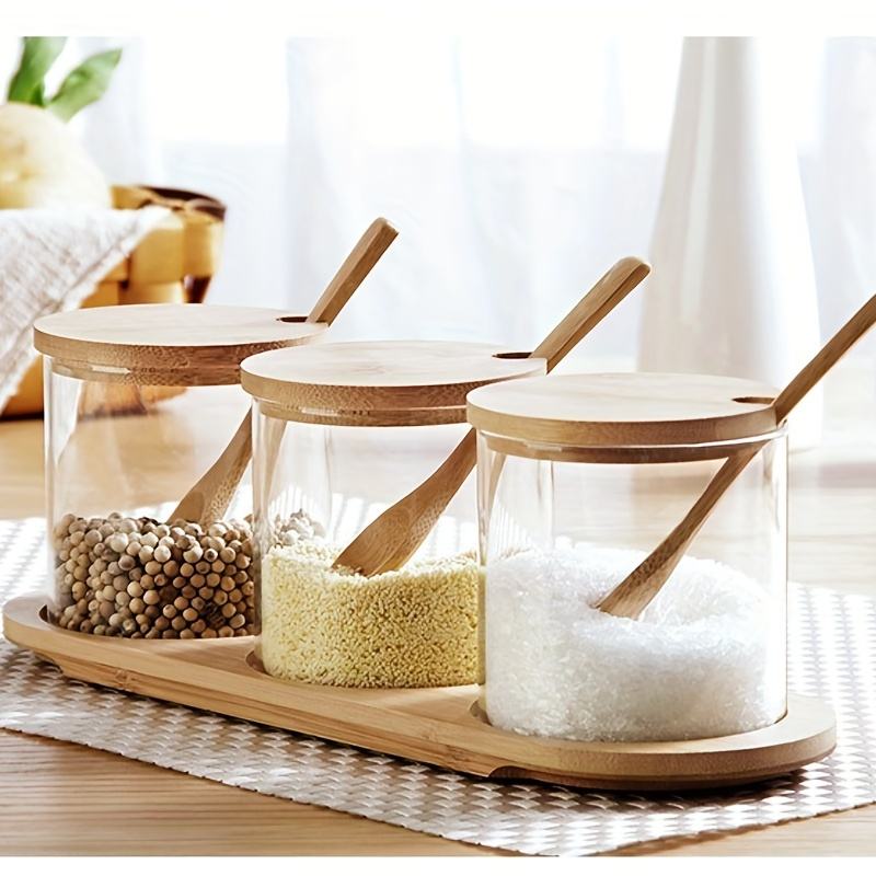 3 Piece Glass Spice Organizer Set with Bamboo Lids | With Rectangular Wooden Tray & Spoons