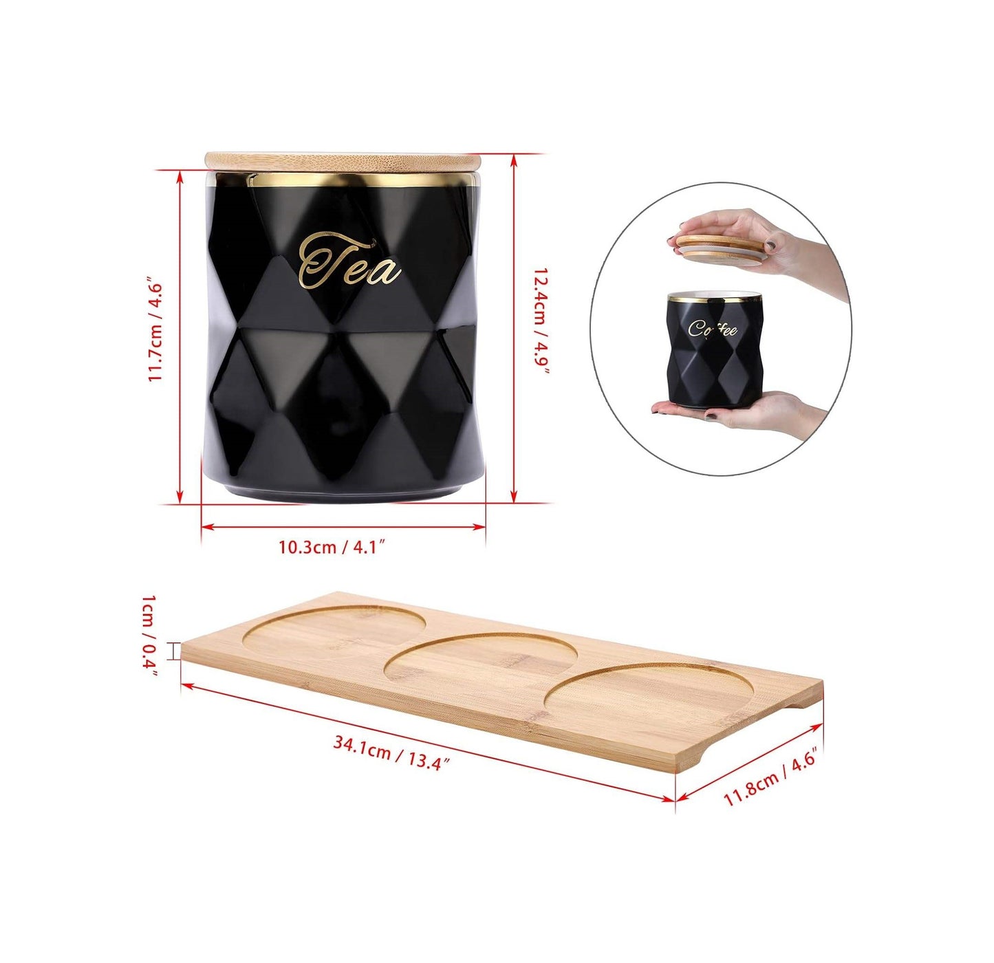 3pc Diamond Shaped Tea, Coffee, Sugar Canister Set | Black Ceramic Canisters with Bamboo Lids