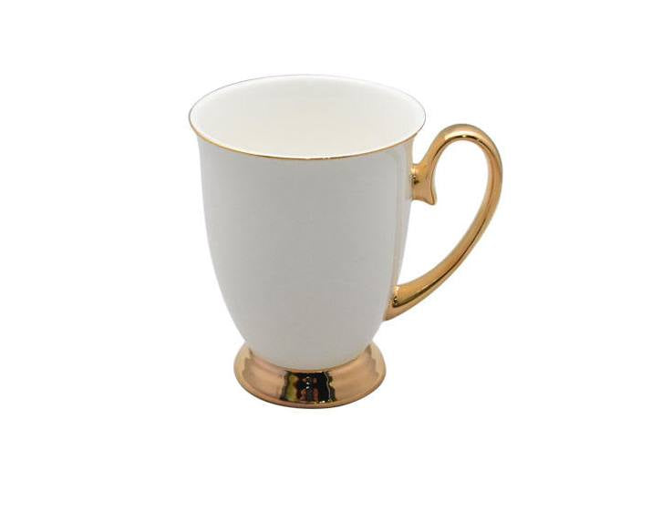 Shapely Coloured Ceramic Cup with Gold Ring | 400ml Elegant Ceramic Mug in White | 6 pc Set