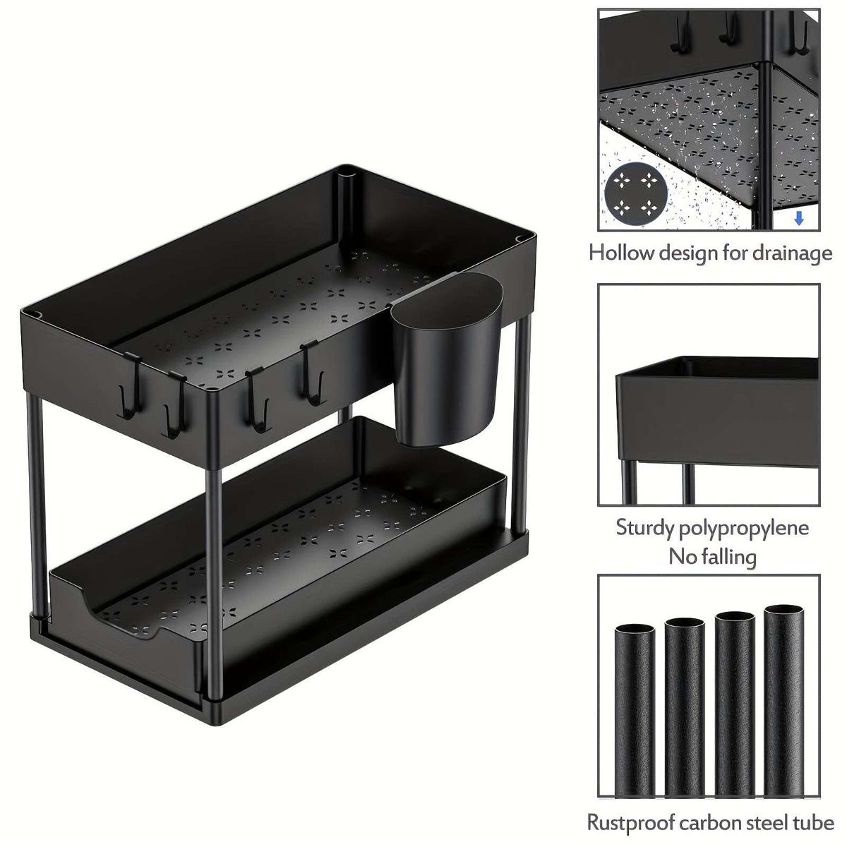 Multipurpose Stainless Steel Double Sliding Under Sink Organizer | 2 Tier Pull-Out Storage Rack for Kitchen & Bathroom | Plastic Layered Cabinet Organizer