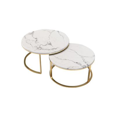 Glass Top Nesting Tables (Marble Effect) | Set of 2 | 70cm & 50cm Diameter | Round Marble top Table| Stainless Steel Metal | Living Room Furniture | Space Saving| Decorative Table