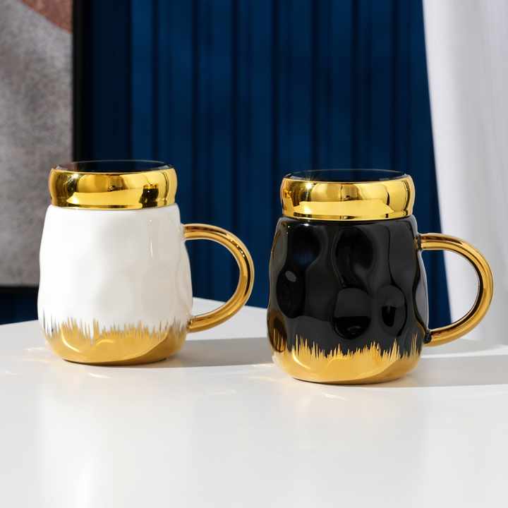 Gold Detail Ceramic Mirror Mugs | 500ml Plain Gift Mugs with Elegant Gold Accents | White and Black