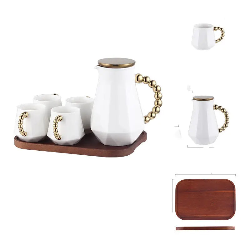 Luxurious Heat Resistant Tea Set with Golden Handle | Bamboo Holder & Tray | 6 Cups (320ml) | Kettle (1.3 Litres)